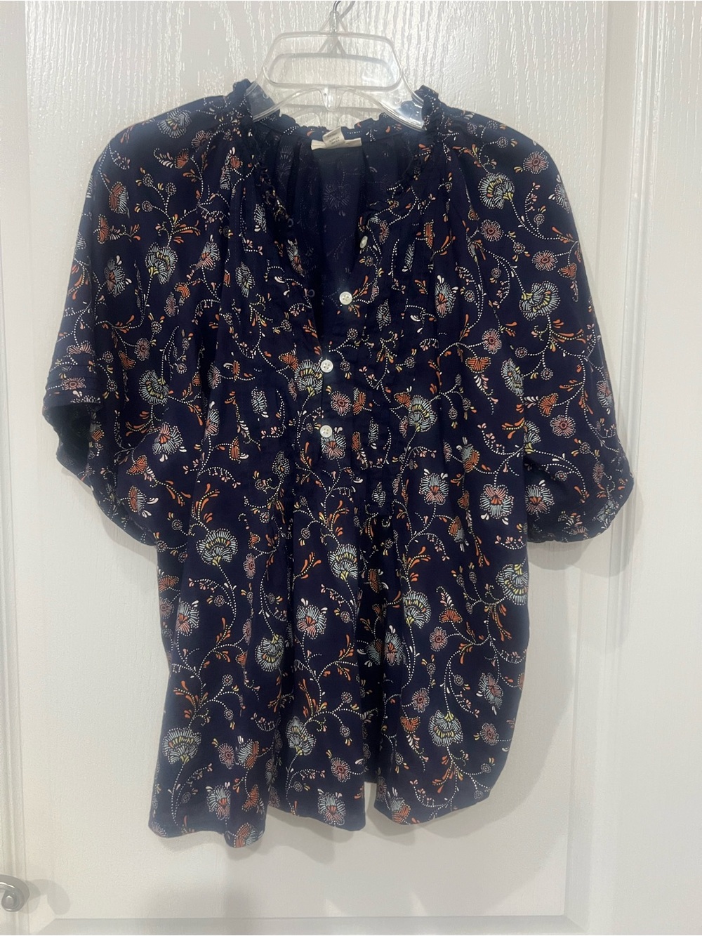 a.n.a Navy Floral Button-Front Peasant Blouse